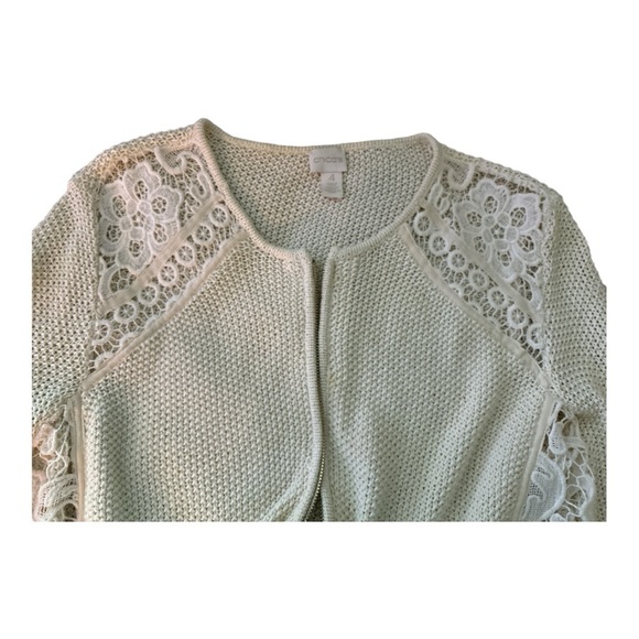 CHICO'S sweater, cream color, front zip, lace inlays on the shoulders and sides. - Picture 5 of 6
